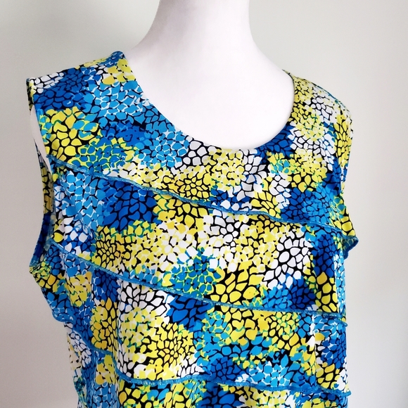 Women's Resortwear Top Blue & Yellow Floral Sleeveless Tank Top Tiered Ruffles - Picture 2 of 5
